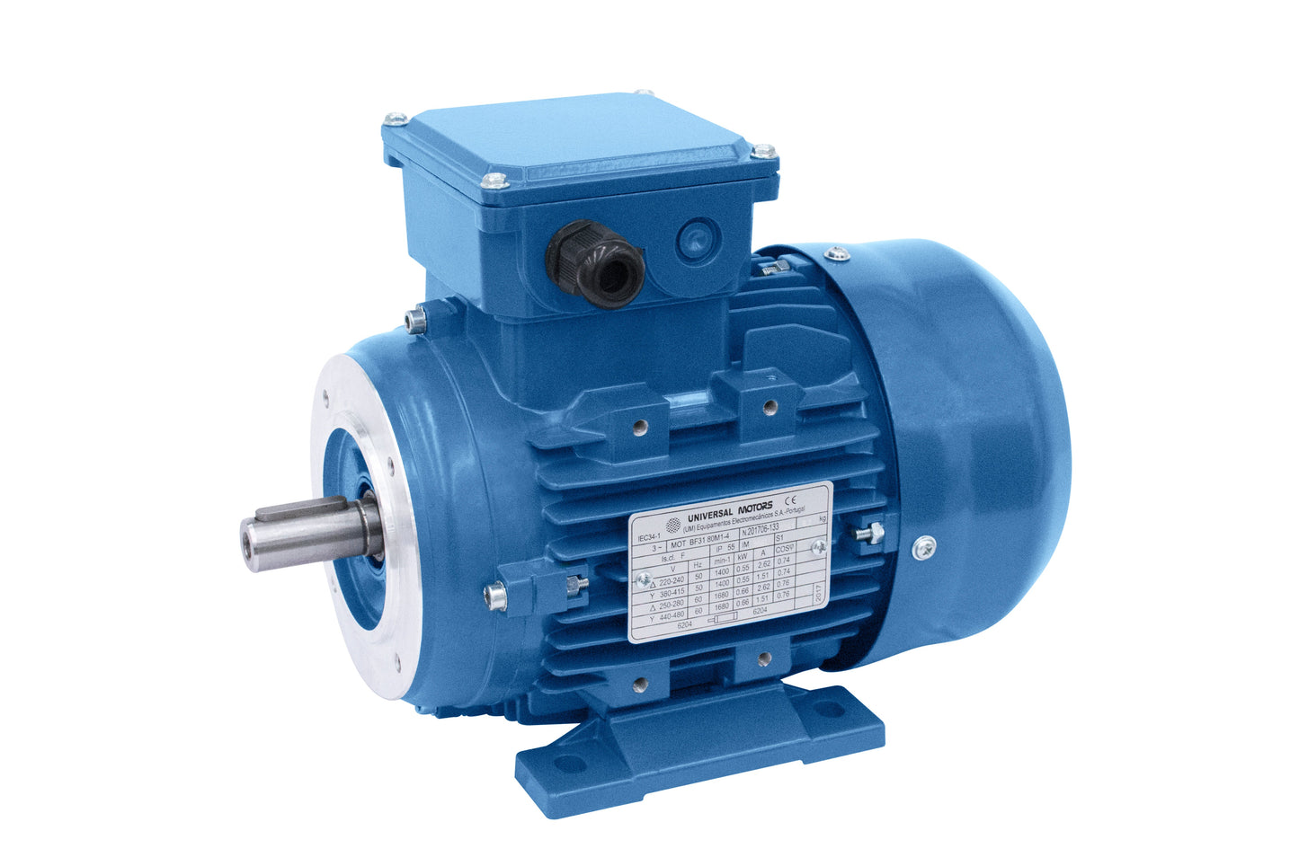 Three Phase Electric Motor, High Efficiency IE2, 0.55 Kw, 4 Pole (1500 rpm), B34 Foot and Face Mount (bolt into face), 80mmm Frame